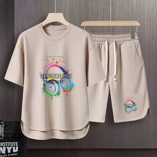 夏季华夫格休闲套装冰丝短袖T恤青少年大码宽松运动五分裤两件套