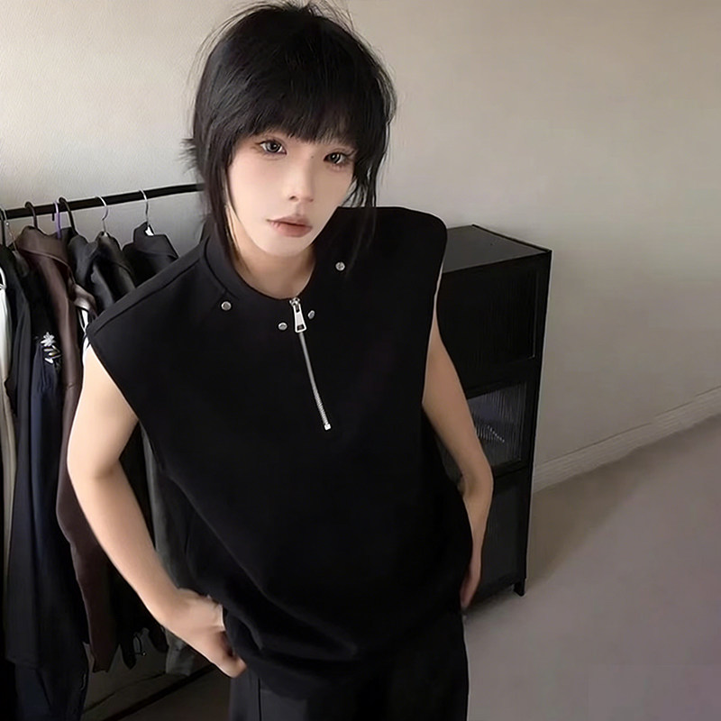 美式亨利领铆钉半拉链坎肩无袖背心t恤夏季大码宽松休闲运动上衣