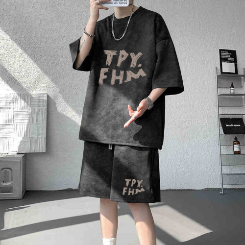潮流复古扎染短裤套装大码脏脏短袖T恤男夏季宽松休闲运动五分裤