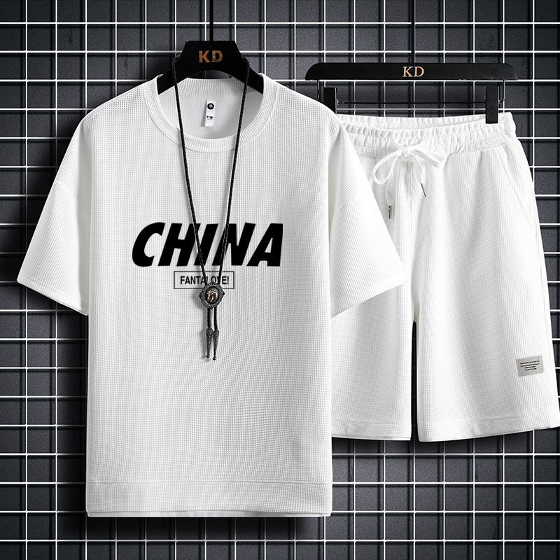 假两件休闲套装青少年学生华夫格冰丝短袖t恤潮流宽松运动五分裤,男装,休闲运动套装,淘宝优惠券,粉丝福利购,淘宝优惠卷