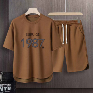 T恤青少年学生宽松短裤 夏季 短袖 男大码 两件套 华夫格冰丝休闲套装