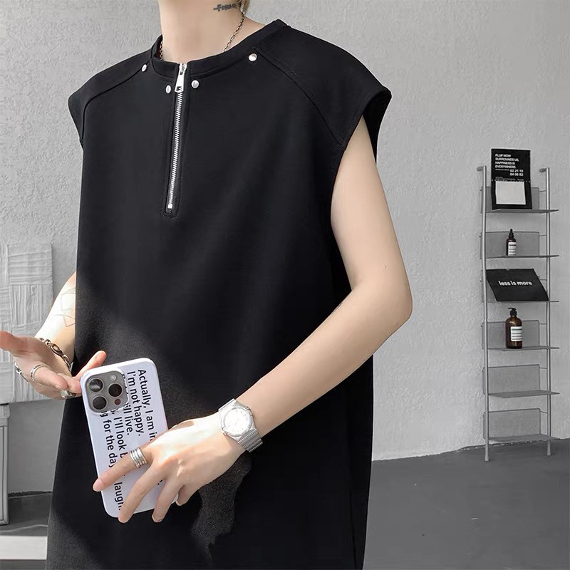 美式重磅半拉链铆钉坎肩背心t恤男2026夏季大码休闲运动无袖上衣