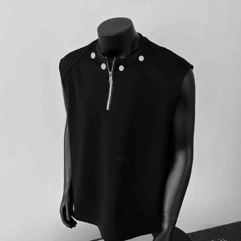 潮流重磅半拉链铆钉坎肩背心t恤男夏季新款大码休闲运动无袖上衣