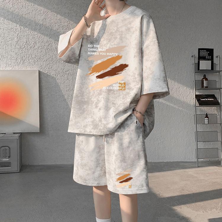 青少年扎染休闲套装印花短袖T恤男夏季宽松简约运动五分裤两件套