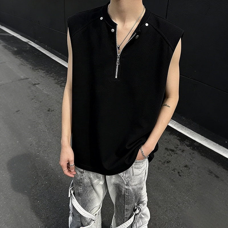 美式重磅半拉链铆钉坎肩背心t恤男夏季大码宽松休闲运动无袖上衣
