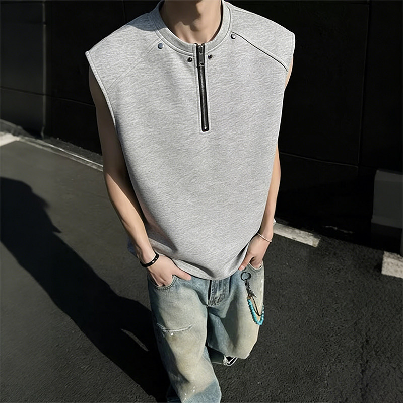 夏季重磅半拉链铆钉无袖坎肩背心t恤男潮流大码宽松休闲运动上衣