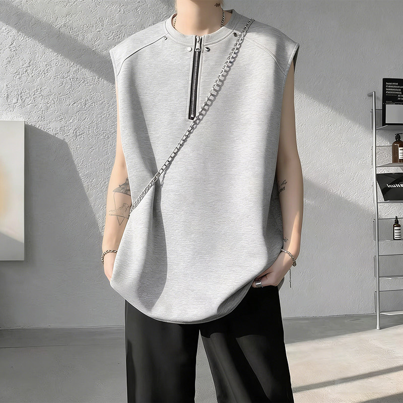 美式亨利领半拉链铆钉坎肩背心t恤夏季大码宽松休闲运动无袖上衣
