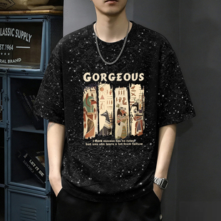 宽松休闲百搭半袖 T恤男大码 上衣 扎染满天星印花正肩短袖 2026夏季