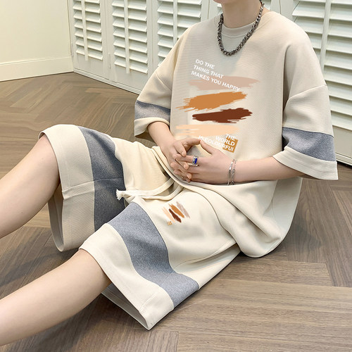 华夫格拼色休闲套装冰丝短袖T恤