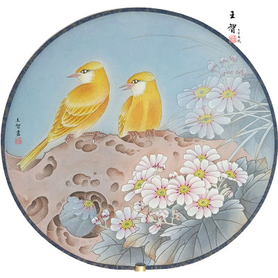 工笔白描底稿团扇菊花金丝雀牡丹花鸟工笔画底稿白描画稿国画临摹