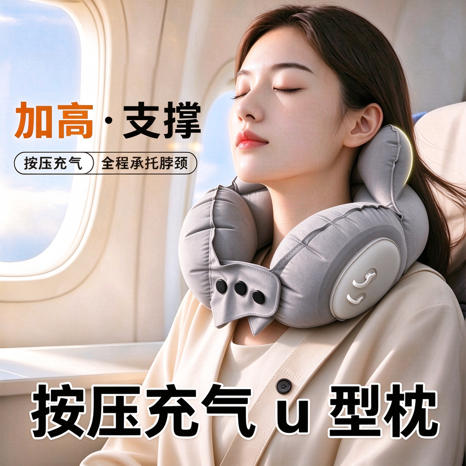 皇冠充气U型枕旅行便携颈枕长途飞机高铁睡觉神器靠枕不歪脖护颈