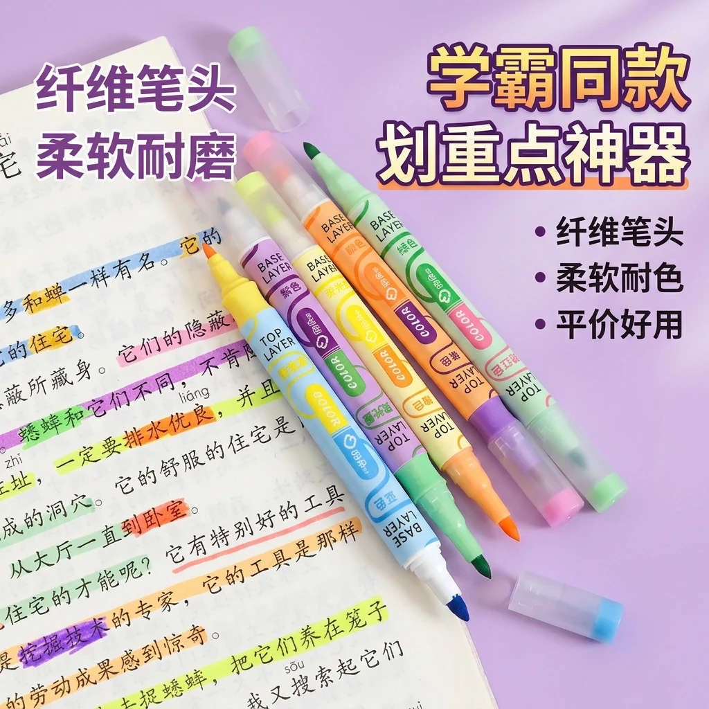 叠色双头变幻色荧光笔学生彩色划重点记号笔高颜值记号标记荧光笔