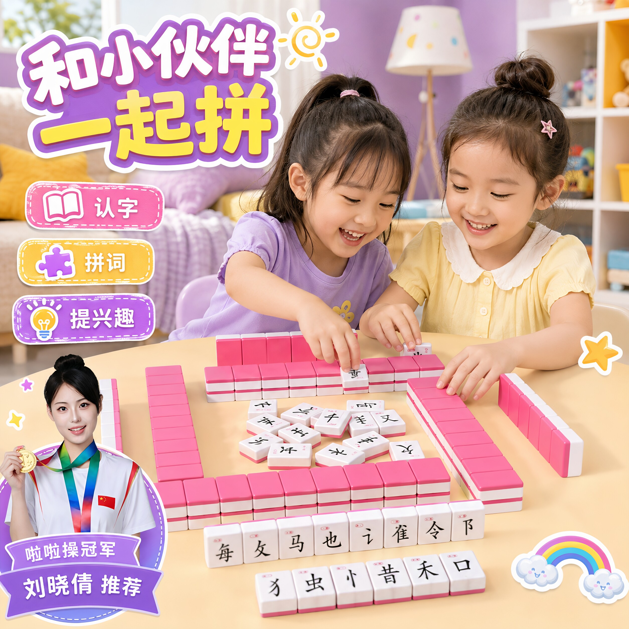 儿童拼汉文字麻将偏旁部首整体认知词汇组合卡牌游戏亲子互动桌游