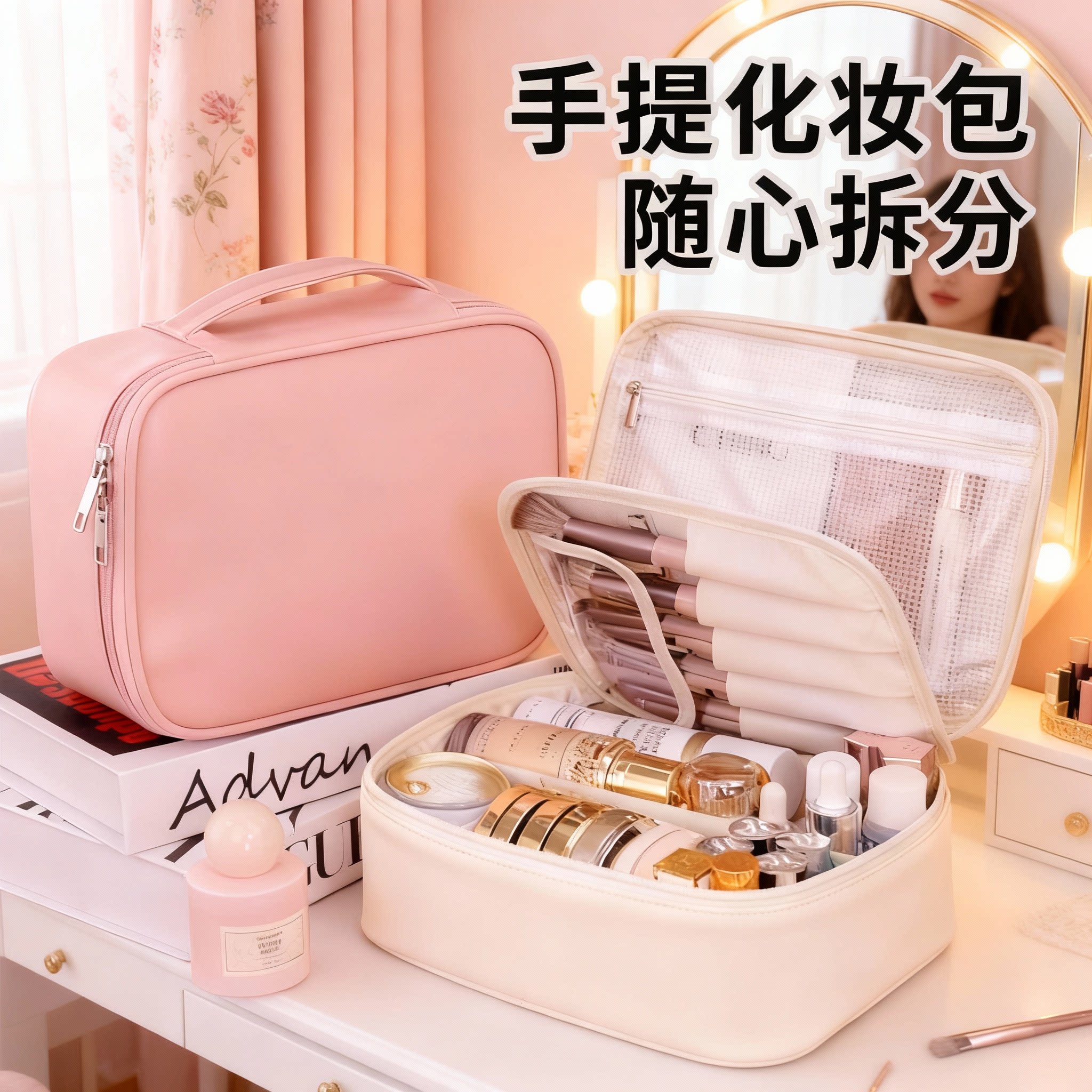 手提便携式双层旅行化妆包可拆分外出随身携带化妆包大容量放水乳