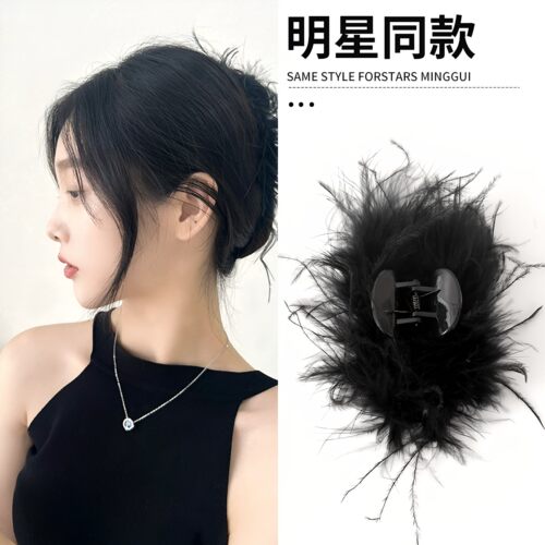 羽毛抓夹女后脑勺发夹高端夹子头饰高级感2026新款毛毛发卡鲨鱼夹