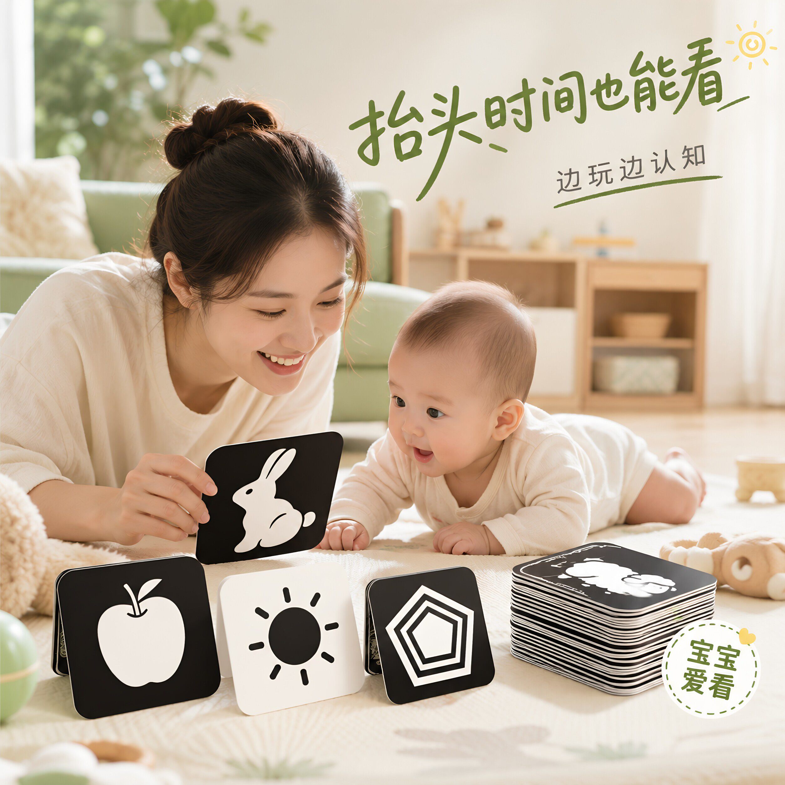 黑白卡片婴儿早教卡新生的儿视觉激发卡0到3个月宝宝追视彩色玩具
