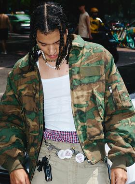 STEEPC 军绿迷彩/军绿缎光 短宽 破坏多处补丁MA2夹克棉服外套