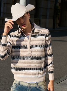 STEEPC 橡木之心*假两件翻领V领叠拼针织条纹POLO长袖