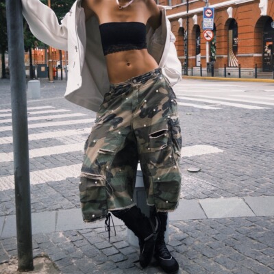 STEEPC M65改良baggy 水洗迷彩破洞珍珠工装中裤休闲七分裤短裤