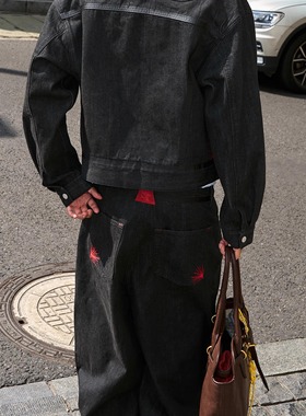 STEEPC 赤耳红线 经典排扣原牛红色刺绣直筒宽松牛仔裤