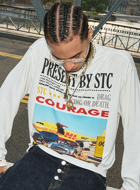 STEEPC 亲肤垂感短宽boxy版型宽松圆领复古印花长袖T恤