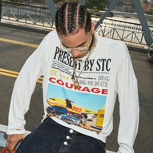 T恤 型宽松圆领复古印花长袖 STEEPC 亲肤垂感短宽boxy版