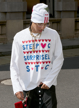 STEEPC 手缝细节*印花刺绣珠绣贴布圆领宽松长袖T恤