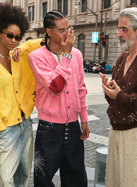 STEEPC 三色多巴胺慵懒珍珠短宽软糯针织开衫毛衣外套