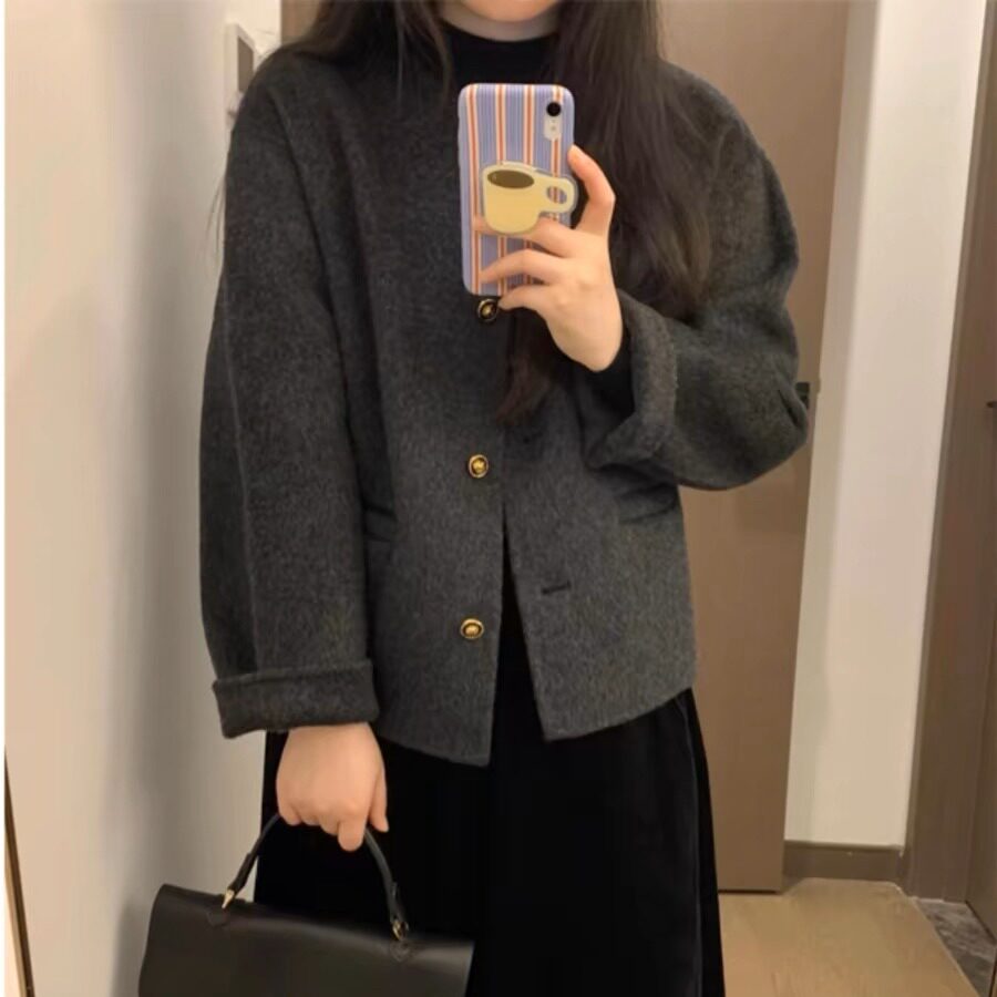 法式小香风黑色双面羊绒毛呢外套女秋冬季羊毛双面呢短款呢子大衣