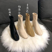 显瘦 方头短靴百搭时尚 方头粗跟加绒拉链 短靴女裸靴弹力靴 by法式