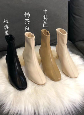 by法式短靴女裸靴弹力靴 方头短靴百搭时尚显瘦 方头粗跟加绒拉链