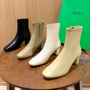 小跟单靴by米白方头短靴女2023春季 侧拉链加绒粗跟裸靴弹力瘦瘦靴