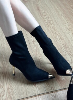 金属头细高跟短靴2025年秋冬新款黑色尖头绒面弹力瘦瘦靴中筒靴女