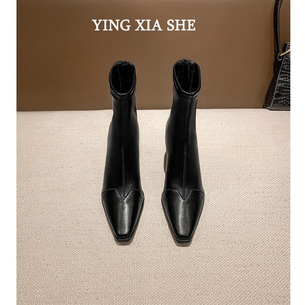 樱夏米白色羊皮韩版后拉链短靴