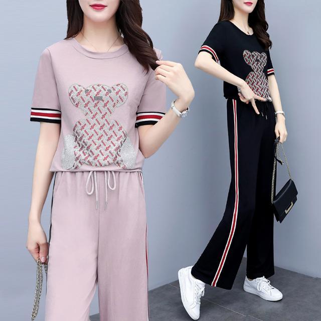 European summer new wide leg pants suit bear short sleeve T-shirt two piece suit