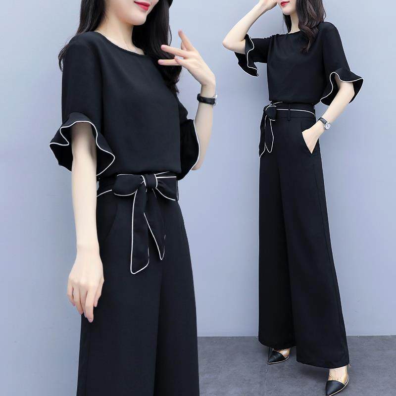 Large size wide leg pants suit women's summer new style imperial sister temperament high waist show thin foreign style fashionable leisure two piece set