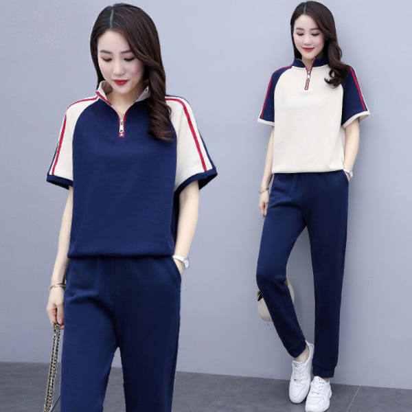 Summer new leisure sports suit women's large western style stand collar stitching two piece suit