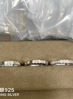 纯银S925个性三款式可叠戴满钻半钻光面蜂巢戒指CNC工艺高级感