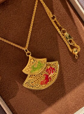 925银新款古法金珐琅彩扇子项链女轻奢小众设计感锁骨链
