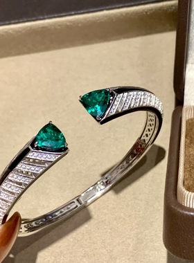 S925纯银复古宫廷三角形绿钻双头仿祖母绿开口手镯中古手环