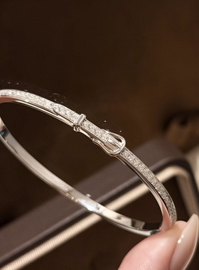 S925纯银精工高级感满钻皮带扣细版手镯轻奢百搭手环情人节礼物