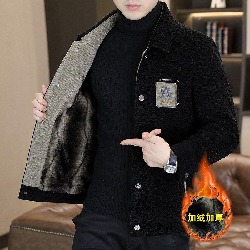 金貂绒短款呢子大衣男秋冬韩版潮牌拼色风衣青年加绒加厚毛呢外套