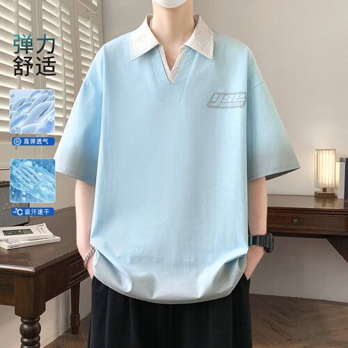 polo衫男款夏季2026新款美式翻领短袖t恤高级感宽松纯色半袖上衣