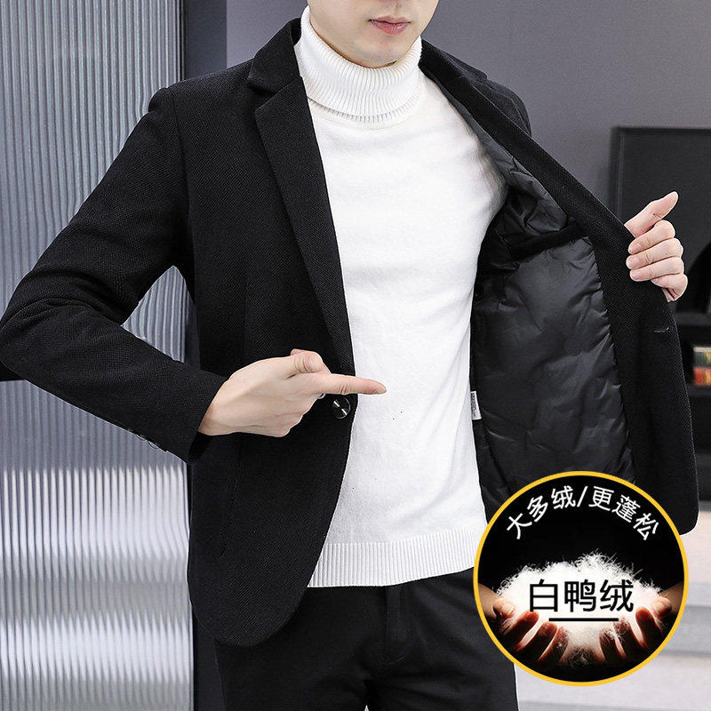 2024新款羽绒服秋冬季西服外套男士修身韩版潮小西装加厚保暖上衣