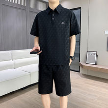 痞帅冰丝印花休闲套装短袖POLO衫男士夏季宽松高级感短裤运动夏装