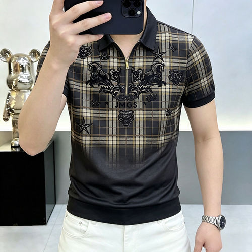夏季青年修身格子渐变短袖POLO衫男士痞帅欧货半袖t恤男高级潮流