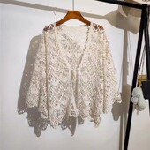 胖mm吊带裙外搭防晒开衫 外套女夏大码 上衣 钩花镂空蕾丝针织衫 薄款