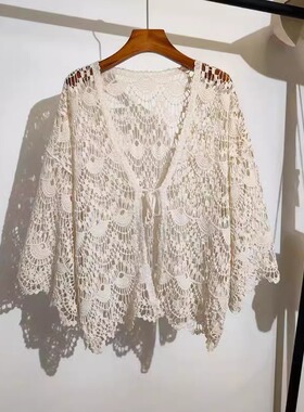 薄款钩花镂空蕾丝针织衫外套女夏大码胖mm吊带裙外搭防晒开衫上衣
