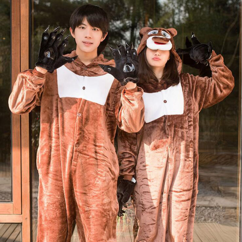 卡通珊瑚绒动物情侣演出连体睡衣