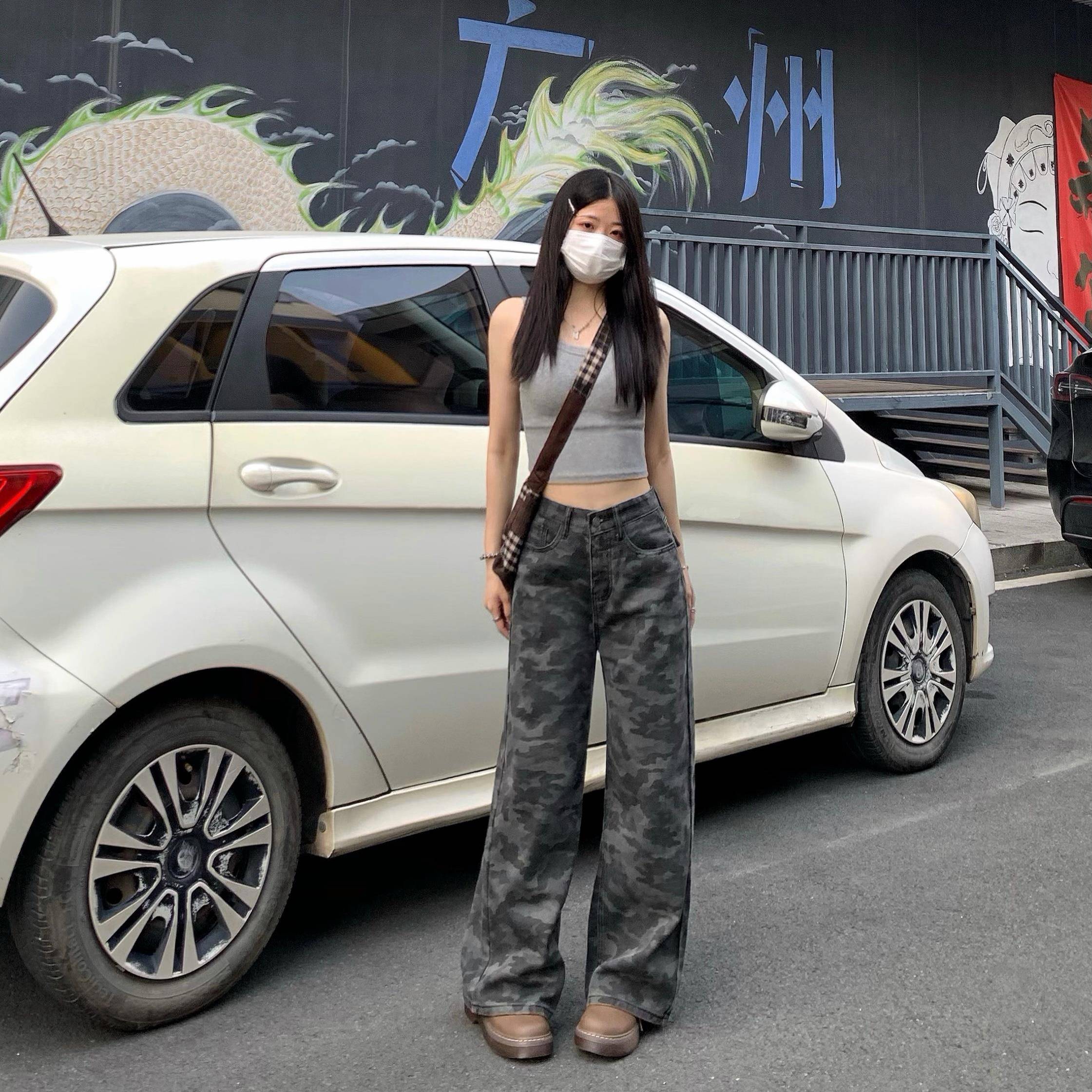 纯哥家美式迷彩直筒牛仔裤女2025年夏季小个子高腰宽松显瘦阔腿裤